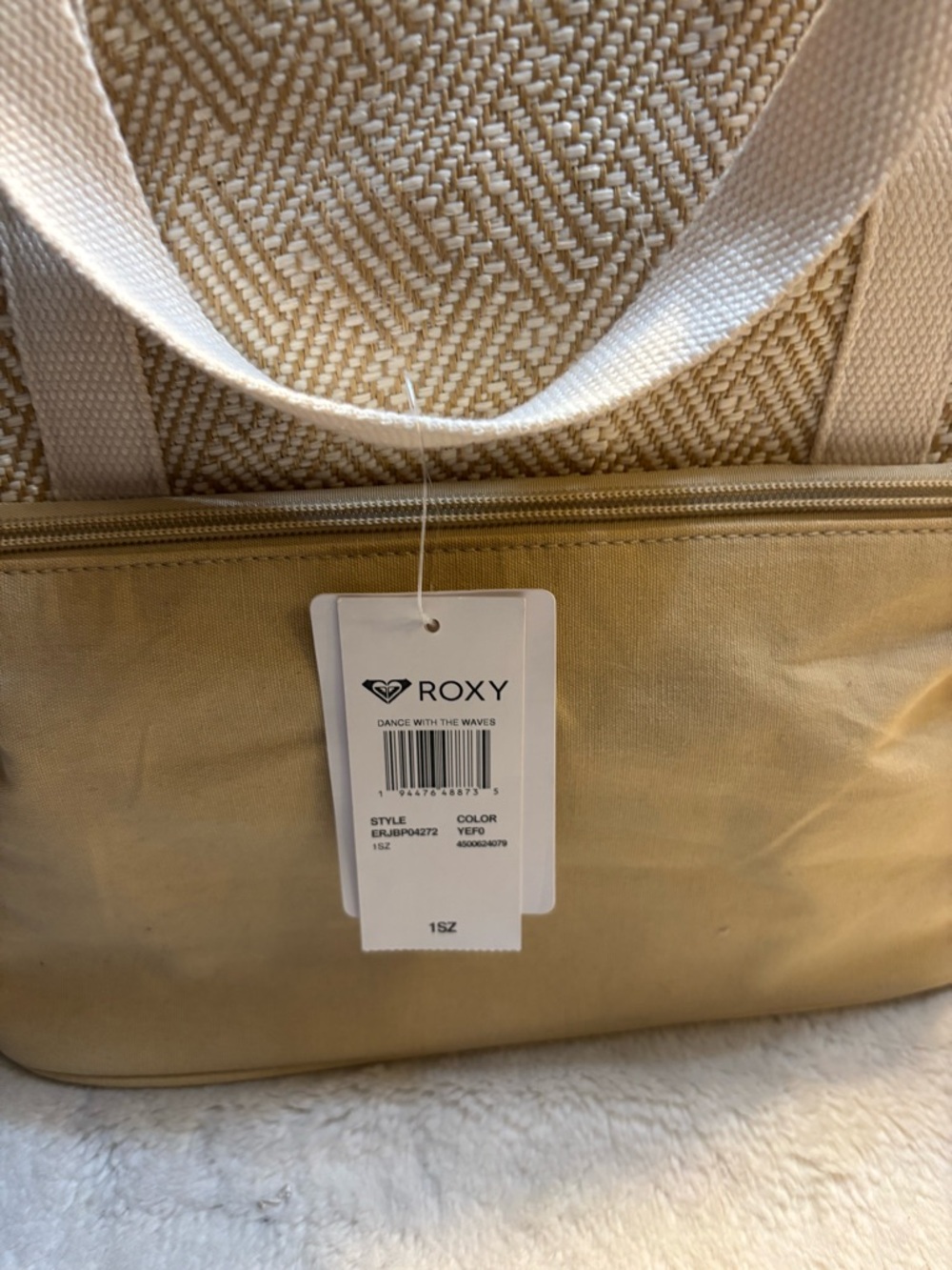Sale! NWT Roxy Beach Tote Backpack Cooler base Beige & Cream Woven Two-Tone Zip - Picture 7 of 14